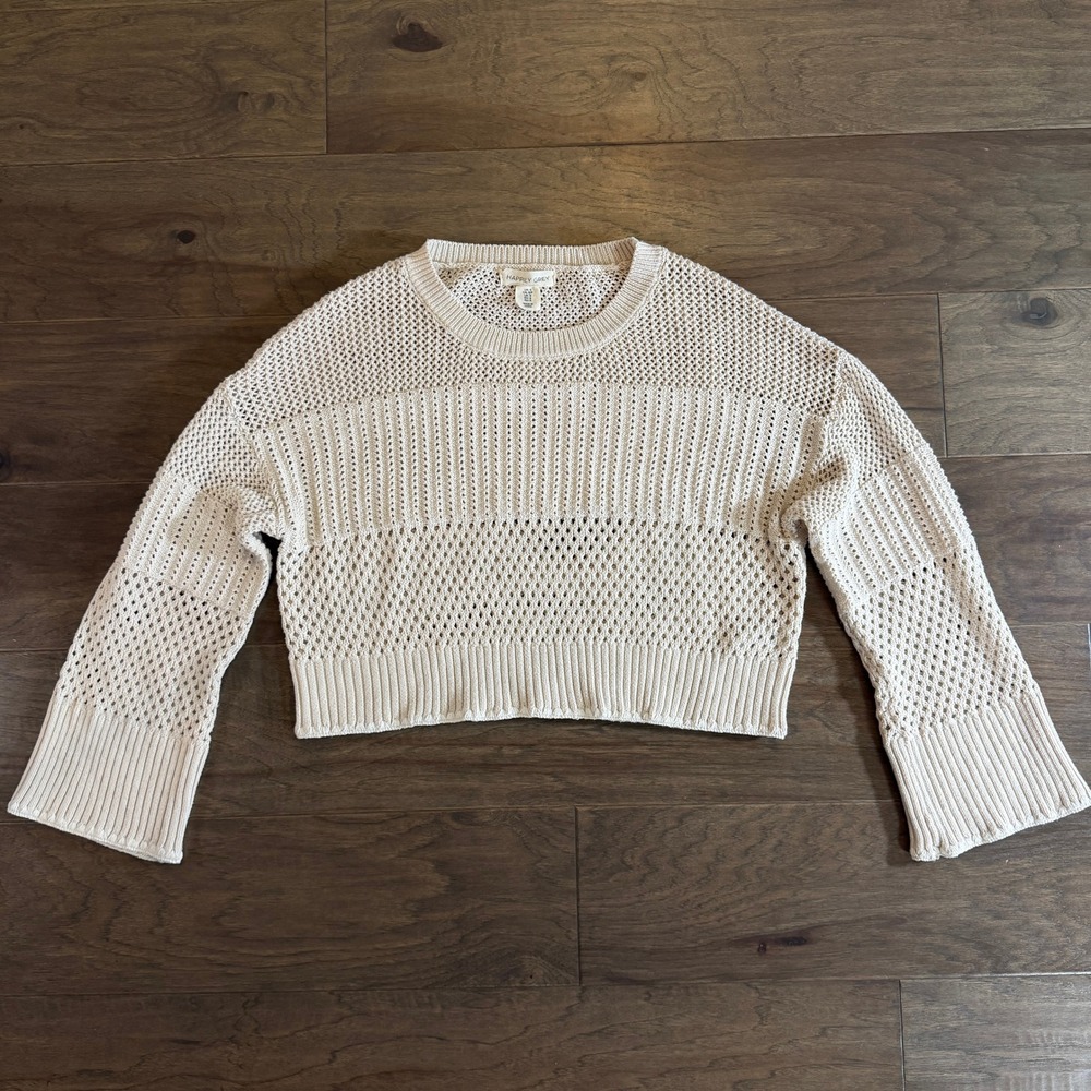 Happily Grey Cream Open Knit Cropped Sweater Womens Small Long Bell Sleeve‎ Boho